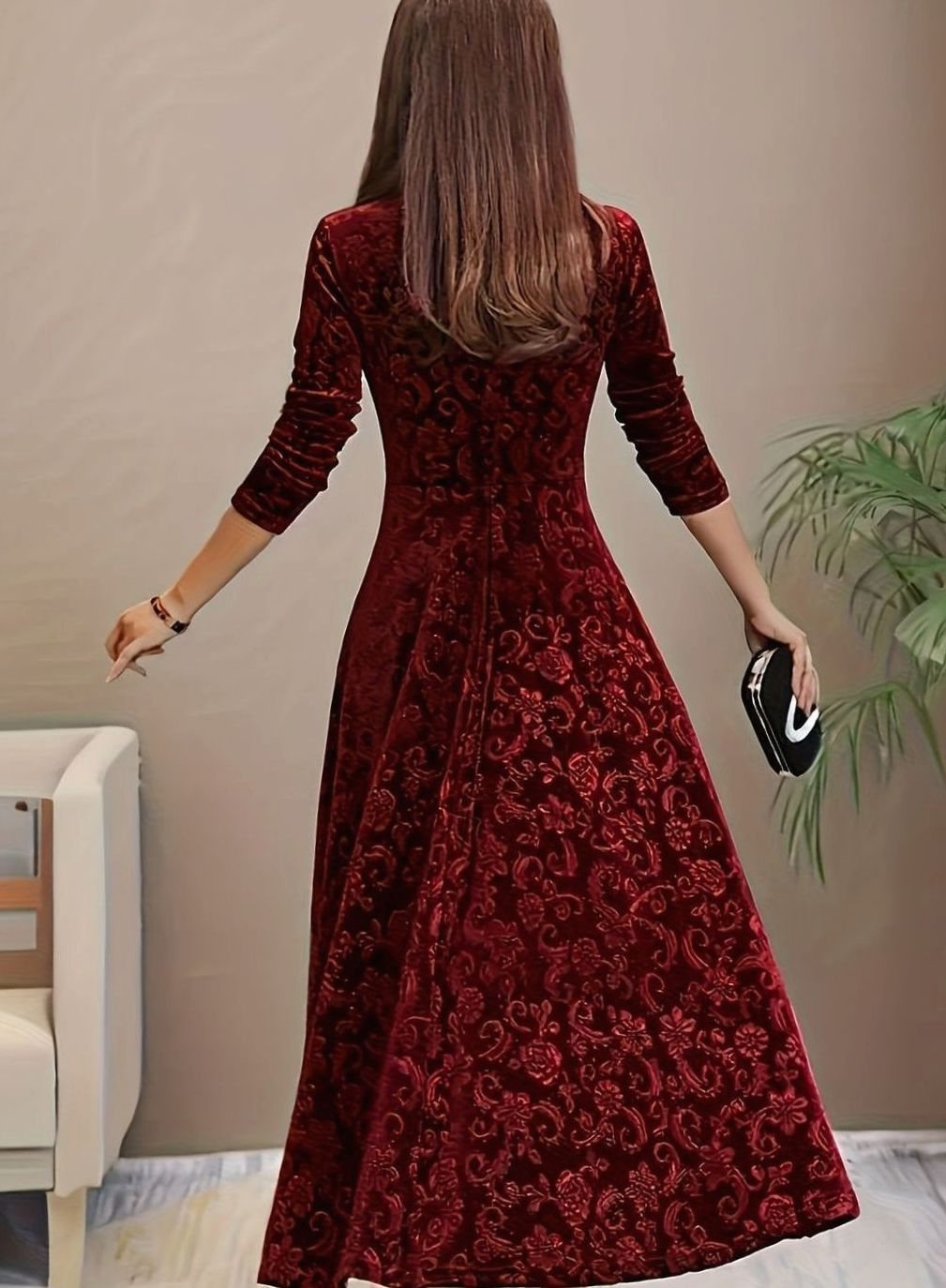 Embossed velvet A-line midi dress with square neckline and fitted sleeves - view 10