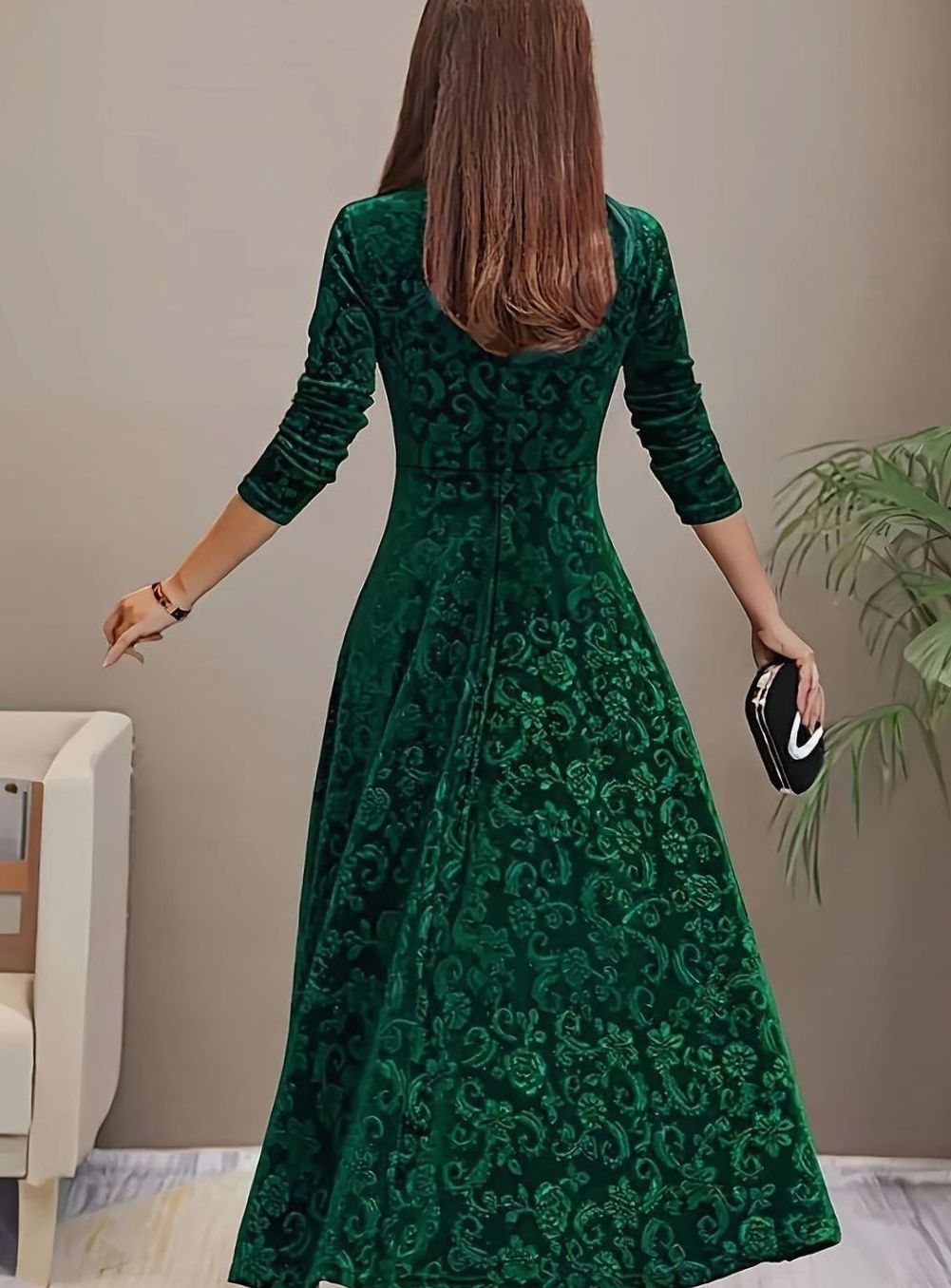 Embossed velvet A-line midi dress with square neckline and fitted sleeves - view 11