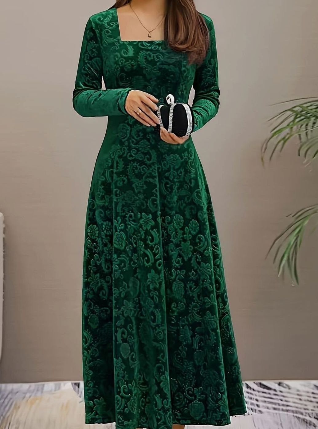 Embossed velvet A-line midi dress with square neckline and fitted sleeves - view 2