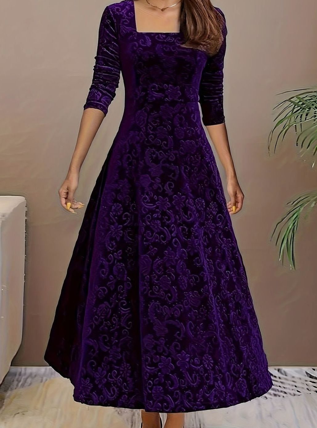 Embossed velvet A-line midi dress with square neckline and fitted sleeves - view 3