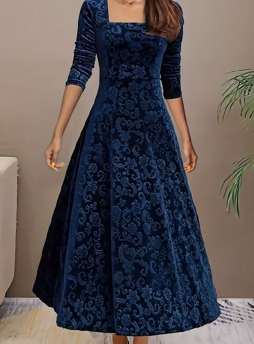 Embossed velvet A-line midi dress with square neckline and fitted sleeves - view 4