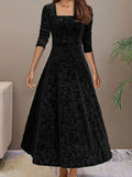 Embossed velvet A-line midi dress with square neckline and fitted sleeves - view 5