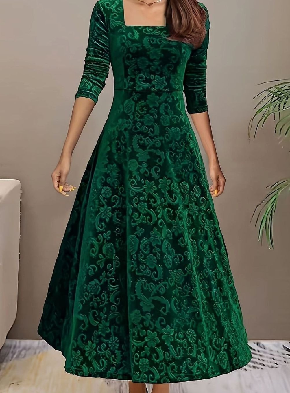 Embossed velvet A-line midi dress with square neckline and fitted sleeves - view 6