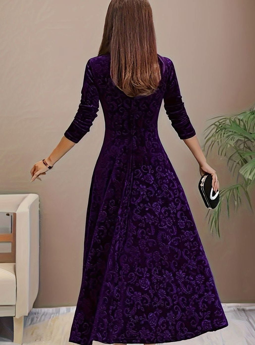 Embossed velvet A-line midi dress with square neckline and fitted sleeves - view 7