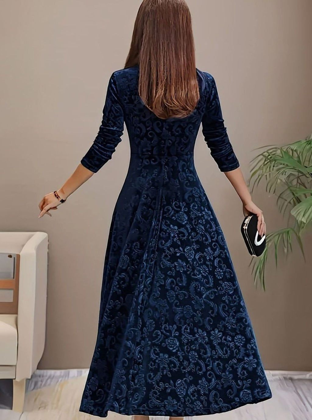 Embossed velvet A-line midi dress with square neckline and fitted sleeves - view 8