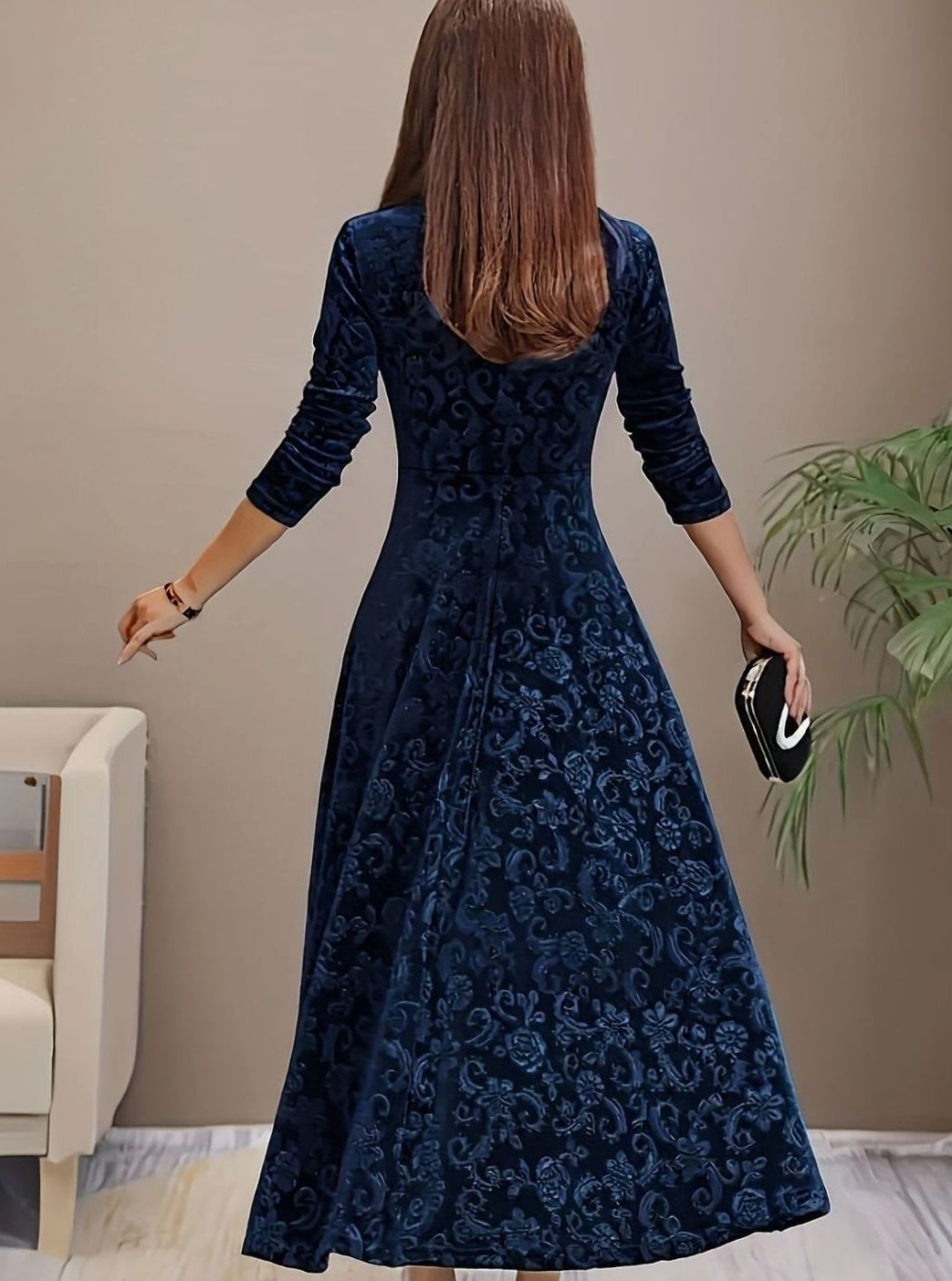 Embossed velvet A-line midi dress with square neckline and fitted sleeves - view 8