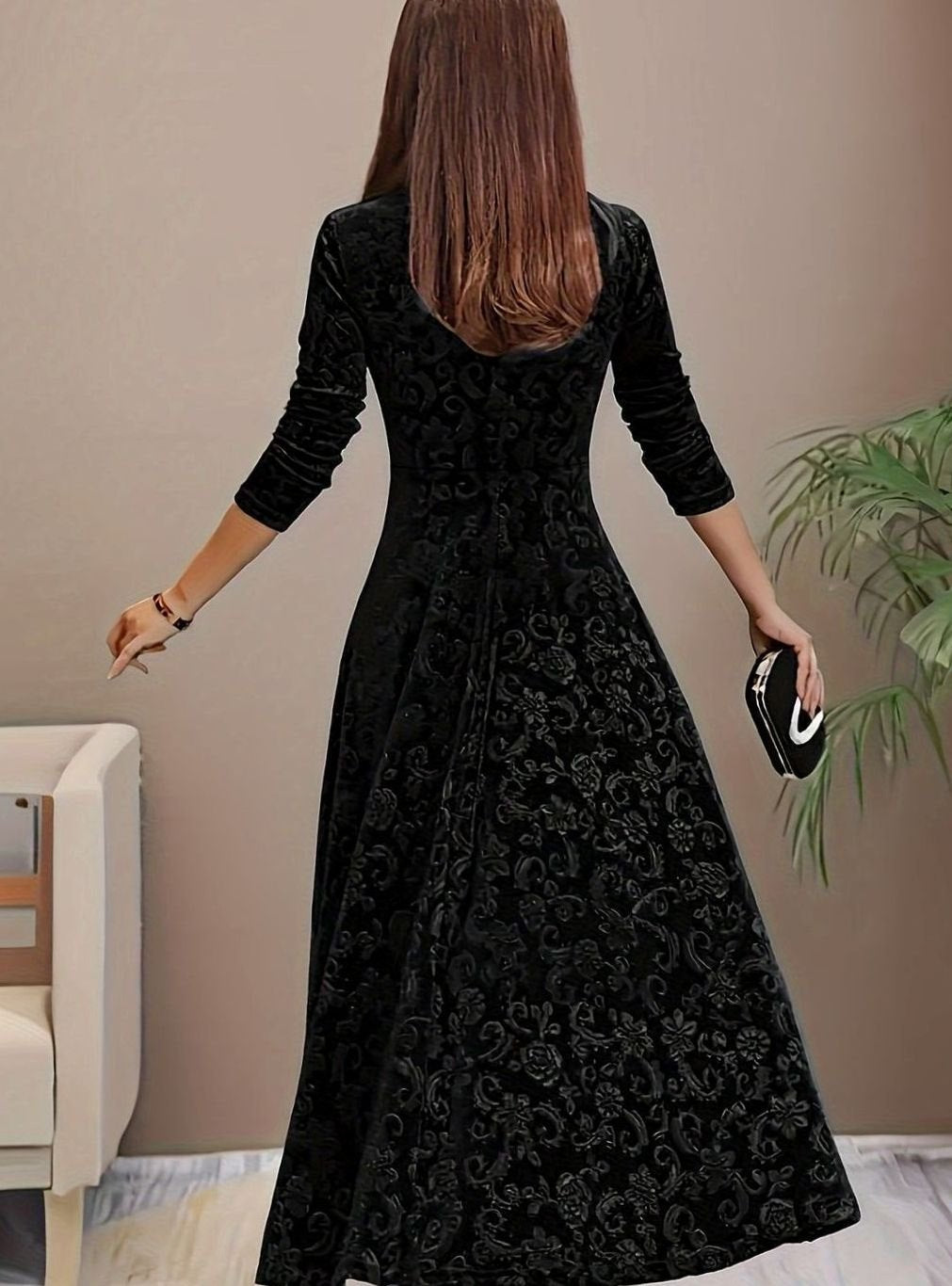Embossed velvet A-line midi dress with square neckline and fitted sleeves - view 9