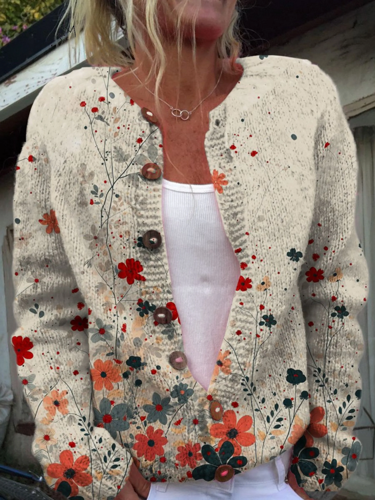 Camellia Wildflower Print Open-Front Cardigan - front view