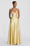 Satin maxi formal evening dress with seamed flared skirt
