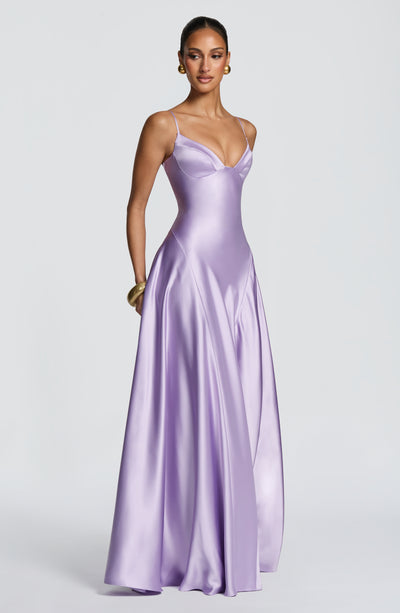Satin maxi formal evening dress with seamed flared skirt - view 10