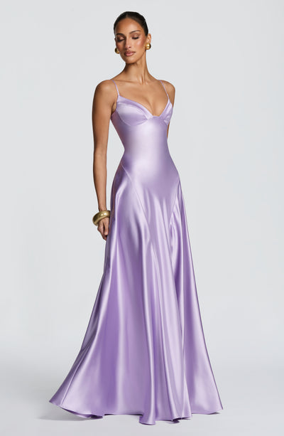 Satin maxi formal evening dress with seamed flared skirt - view 11