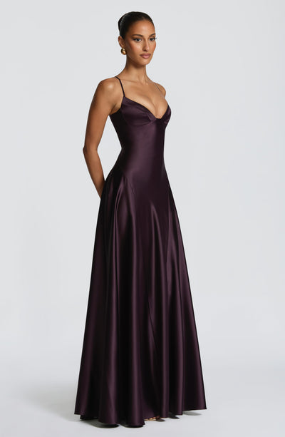 Satin maxi formal evening dress with seamed flared skirt - view 12