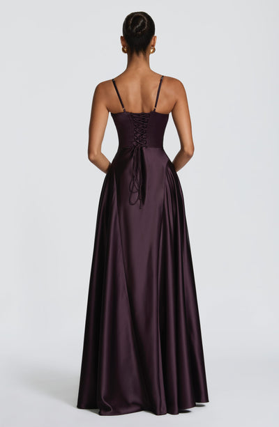 Satin maxi formal evening dress with seamed flared skirt - view 13