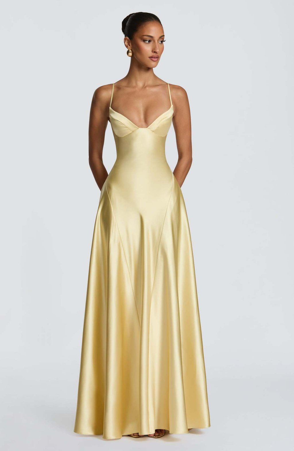 Satin maxi formal evening dress with seamed flared skirt - view 15