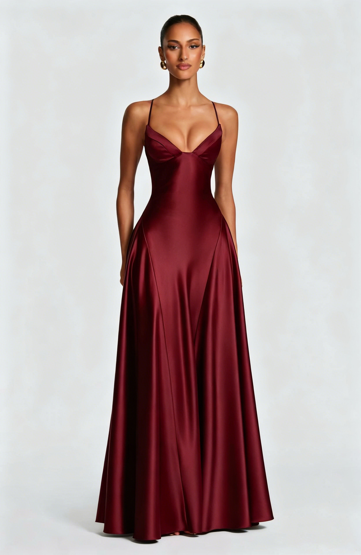 Satin maxi formal evening dress with seamed flared skirt - view 16