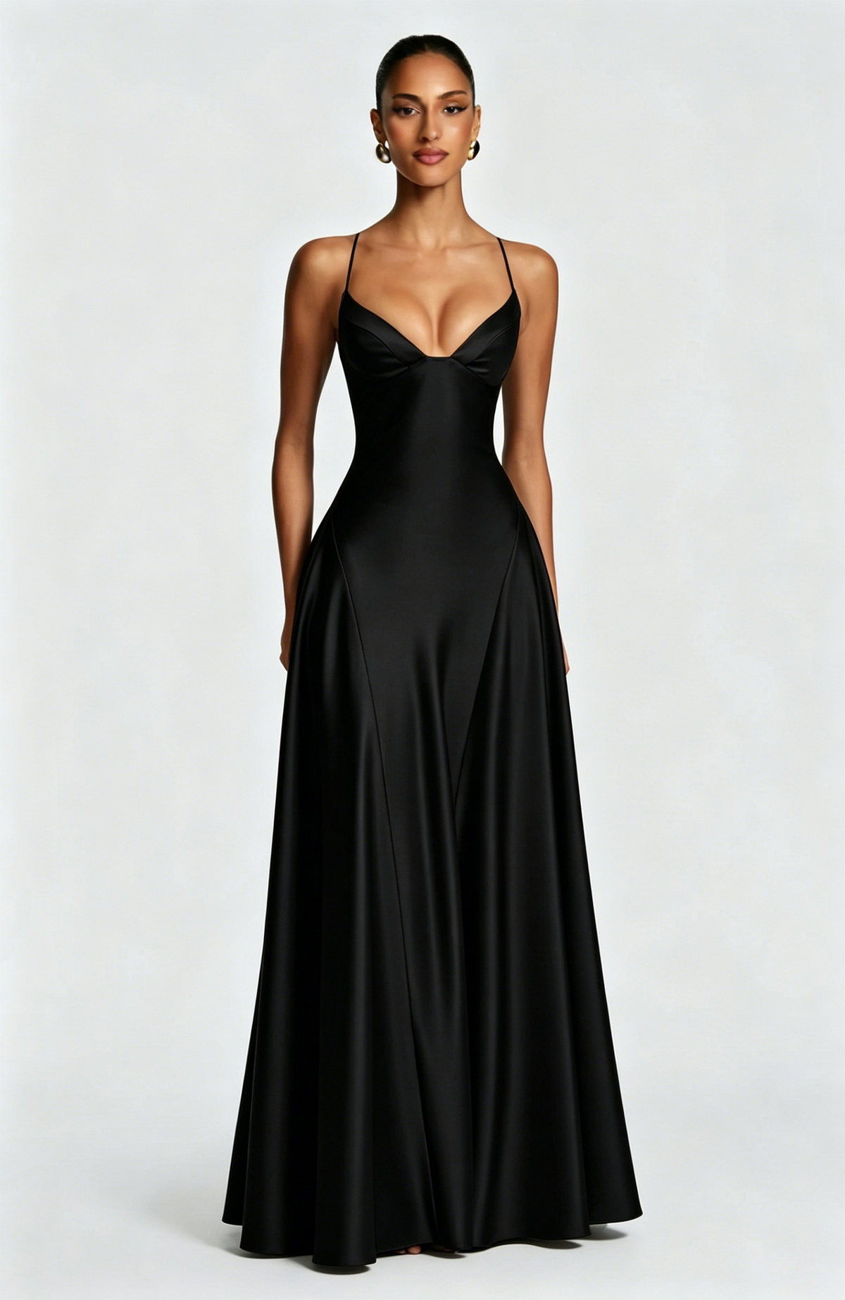 Satin maxi formal evening dress with seamed flared skirt - view 17