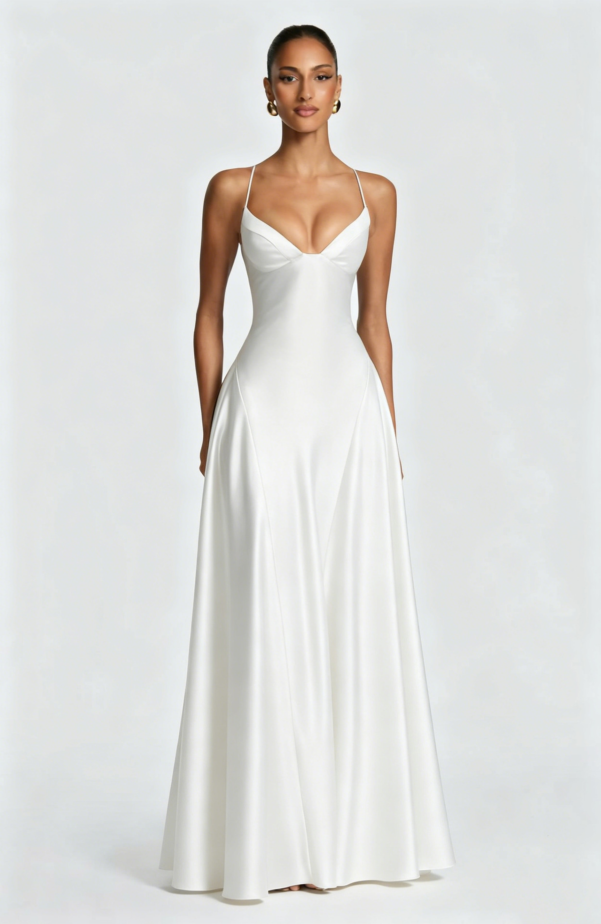 Satin maxi formal evening dress with seamed flared skirt - view 18