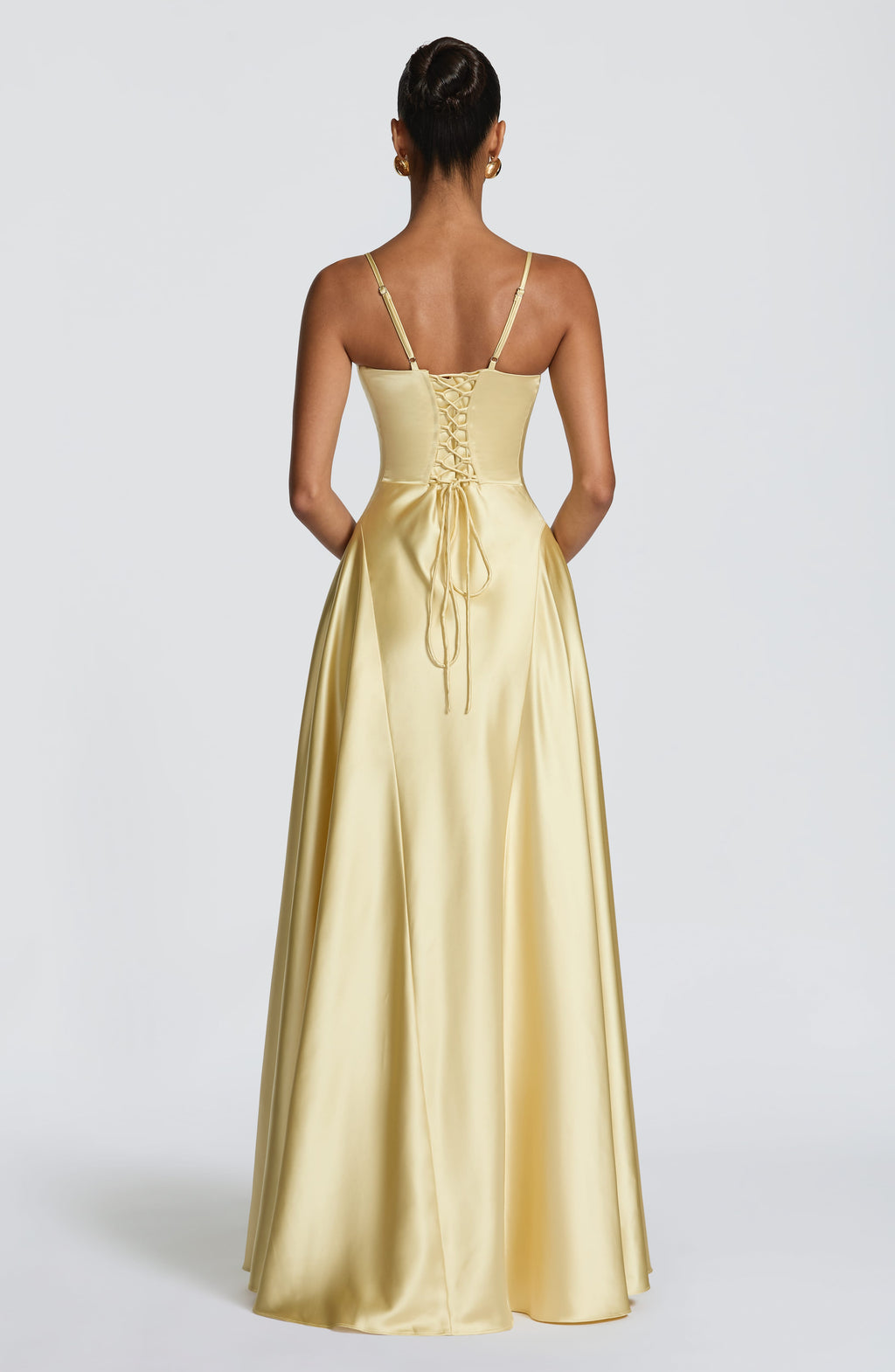 Satin maxi formal evening dress with seamed flared skirt - view 2