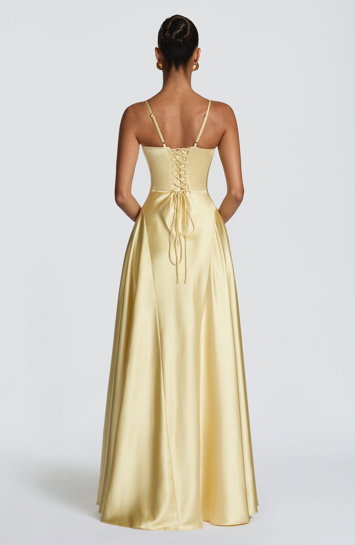 Satin maxi formal evening dress with seamed flared skirt - view 2