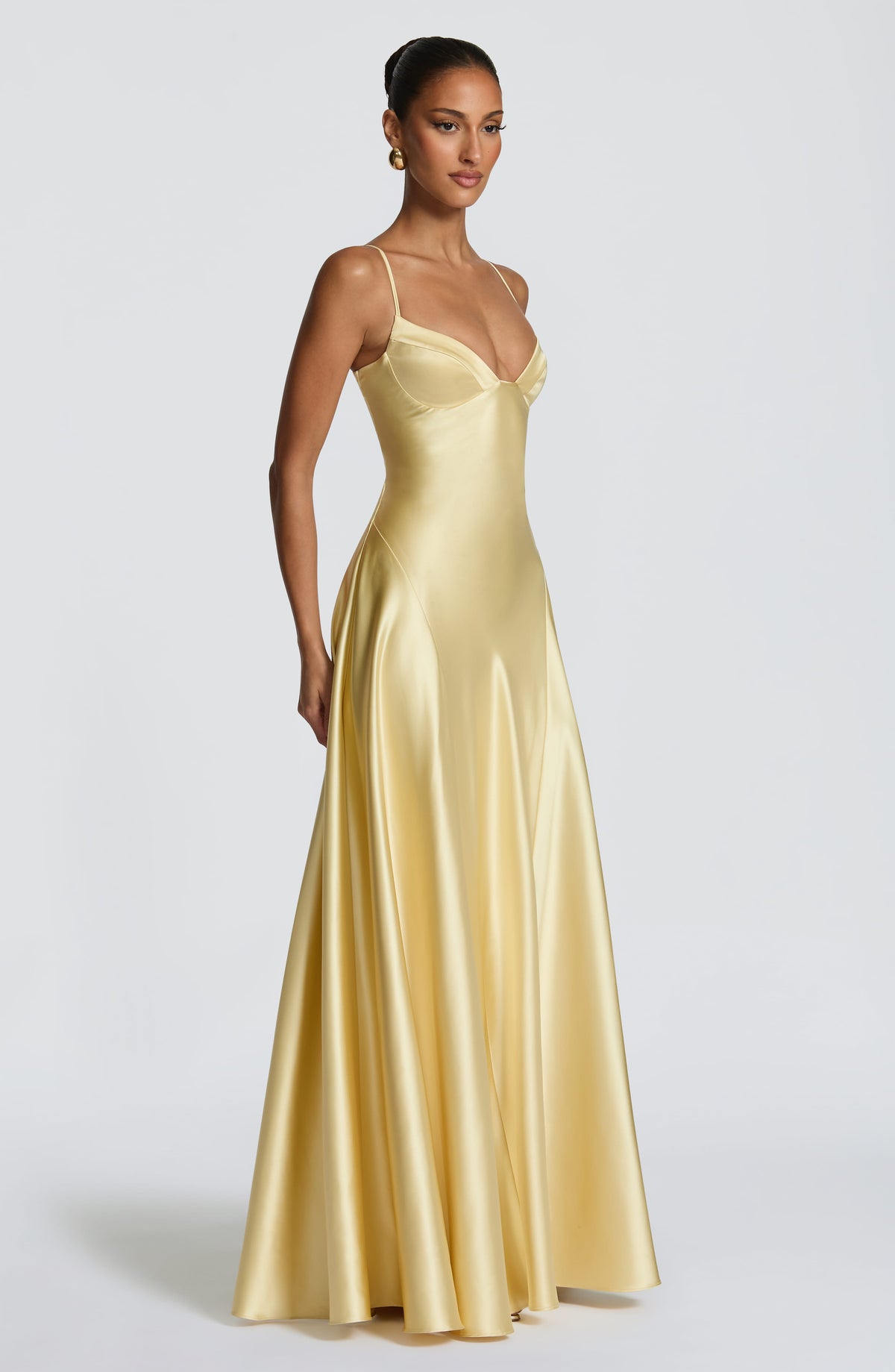 Satin maxi formal evening dress with seamed flared skirt - view 3