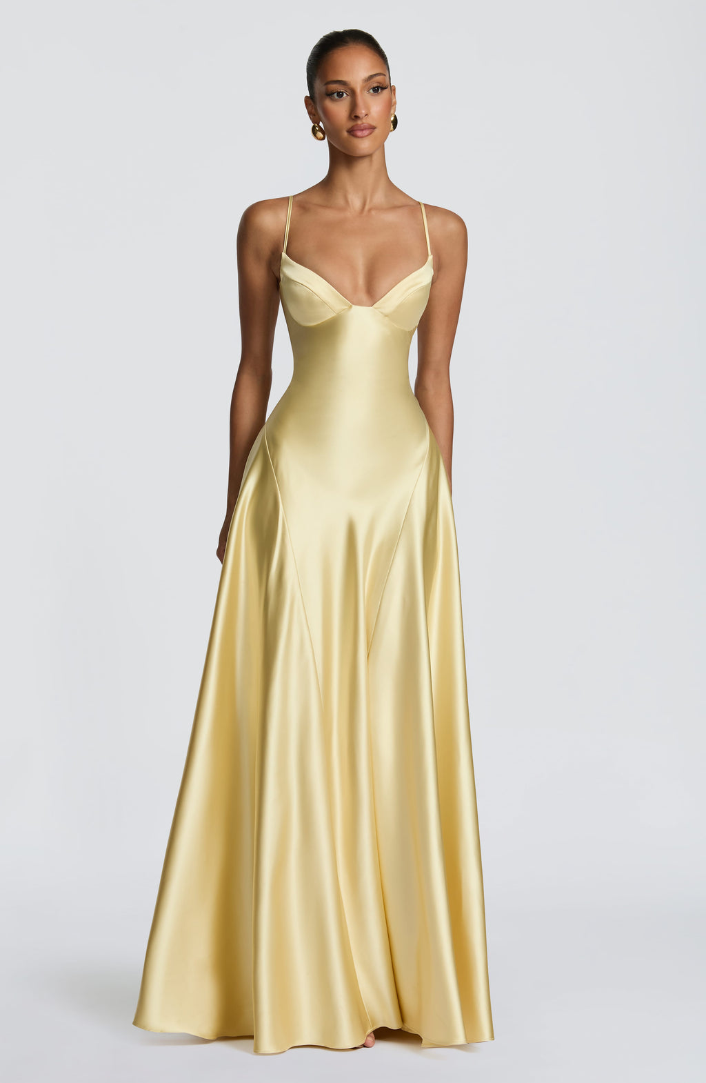 Satin maxi formal evening dress with seamed flared skirt - view 5