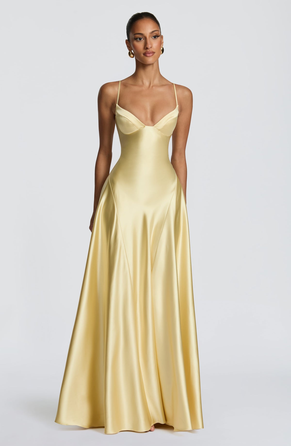 Satin maxi formal evening dress with seamed flared skirt - view 5