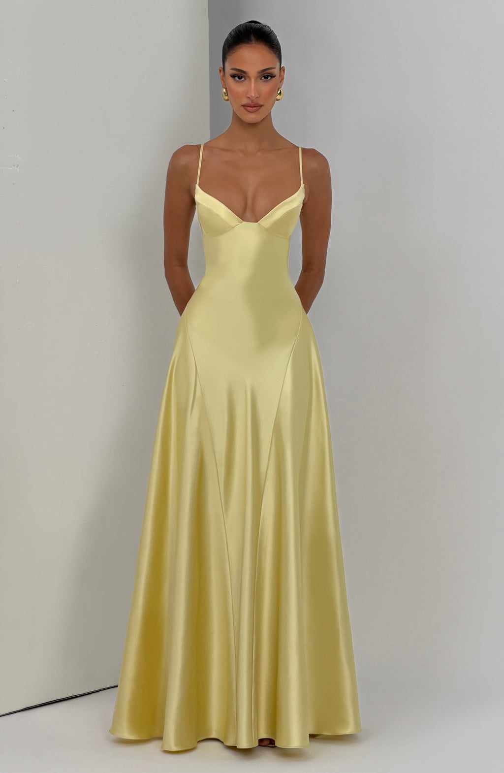 Satin maxi formal evening dress with seamed flared skirt - view 6