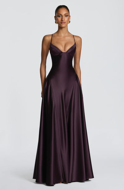 Satin maxi formal evening dress with seamed flared skirt - view 7