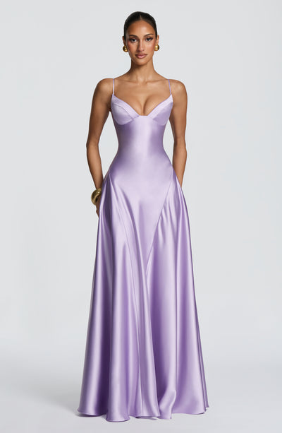 Satin maxi formal evening dress with seamed flared skirt - view 8