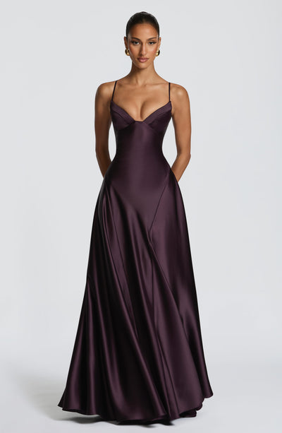 Satin maxi formal evening dress with seamed flared skirt - view 9
