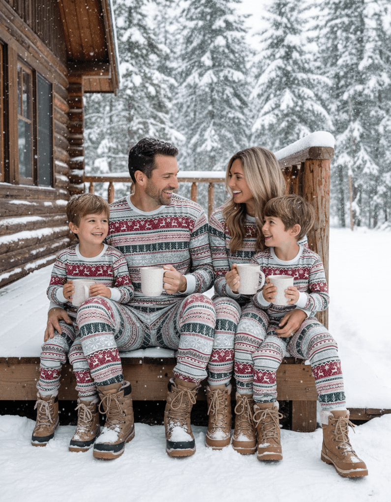 Family wearing matching Fair Isle reindeer print Christmas pajamas with white ribbed cuffs - view 10