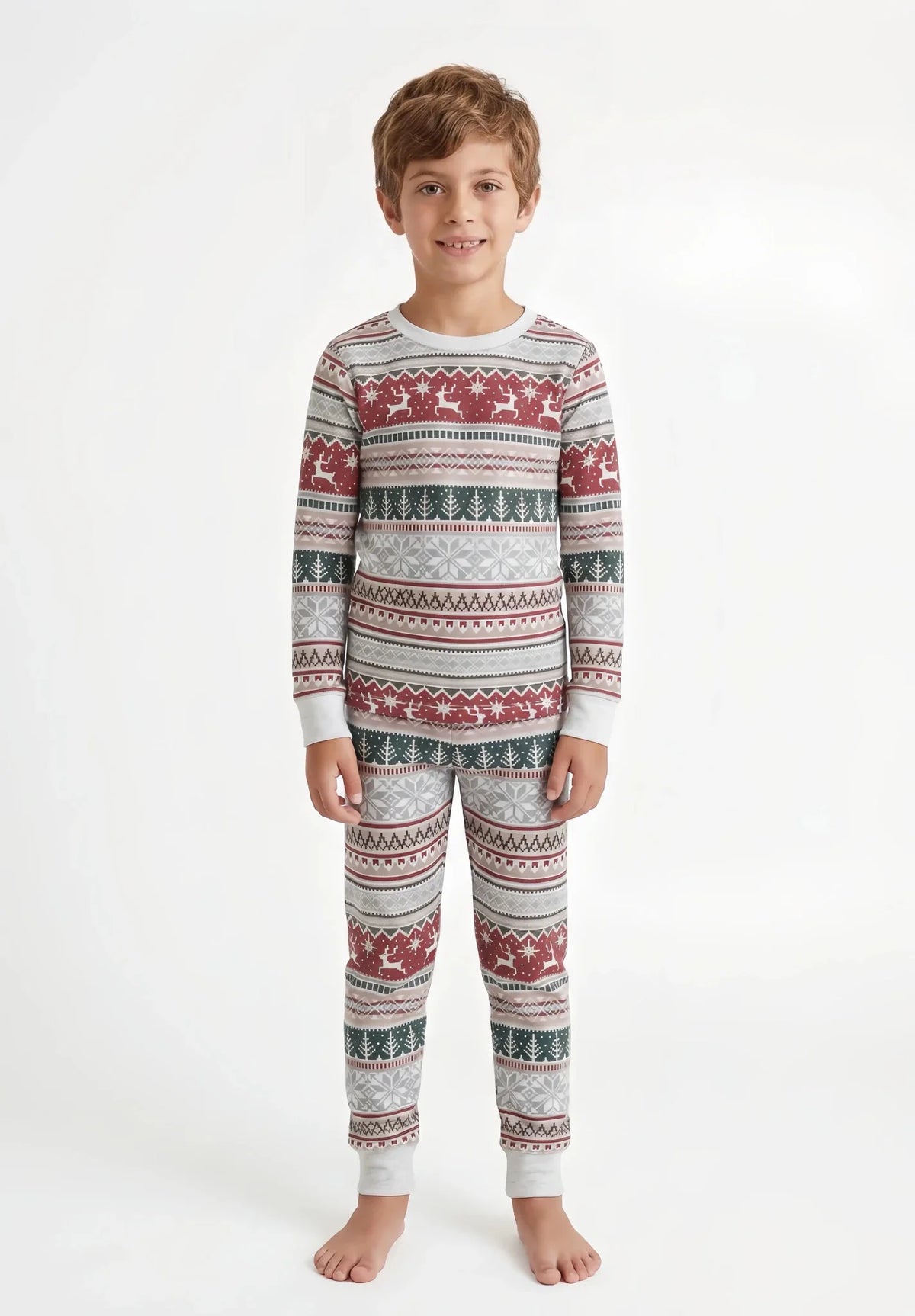 Family wearing matching Fair Isle reindeer print Christmas pajamas with white ribbed cuffs - view 14