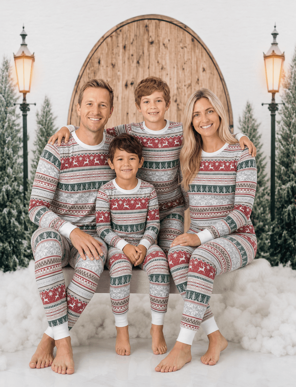 Family wearing matching Fair Isle reindeer print Christmas pajamas with white ribbed cuffs - view 4