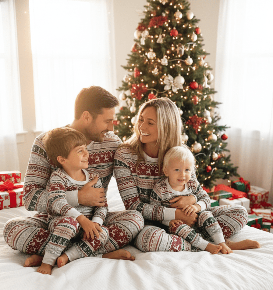 Family wearing matching Fair Isle reindeer print Christmas pajamas with white ribbed cuffs - view 9