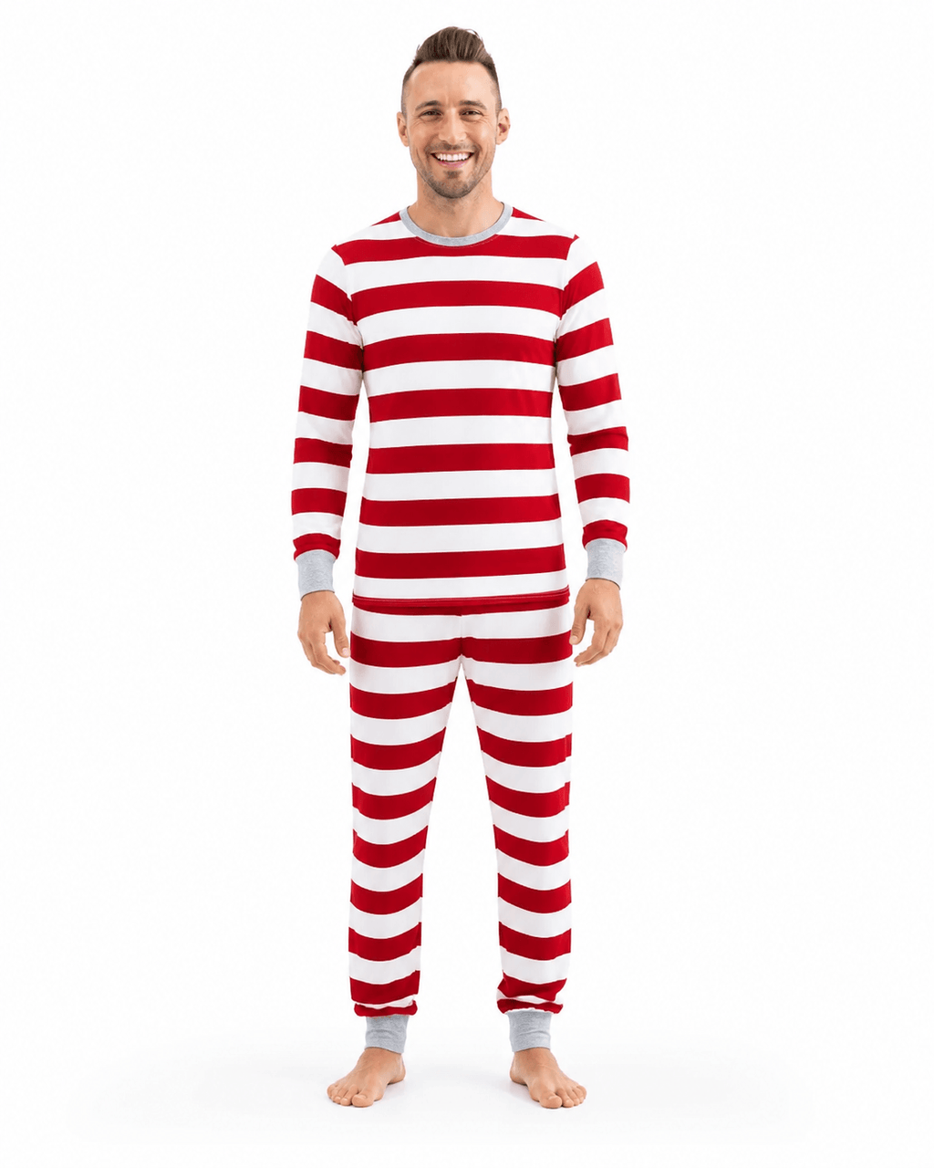 Family wearing matching red and white striped Christmas pajamas with gray cuffs - view 10