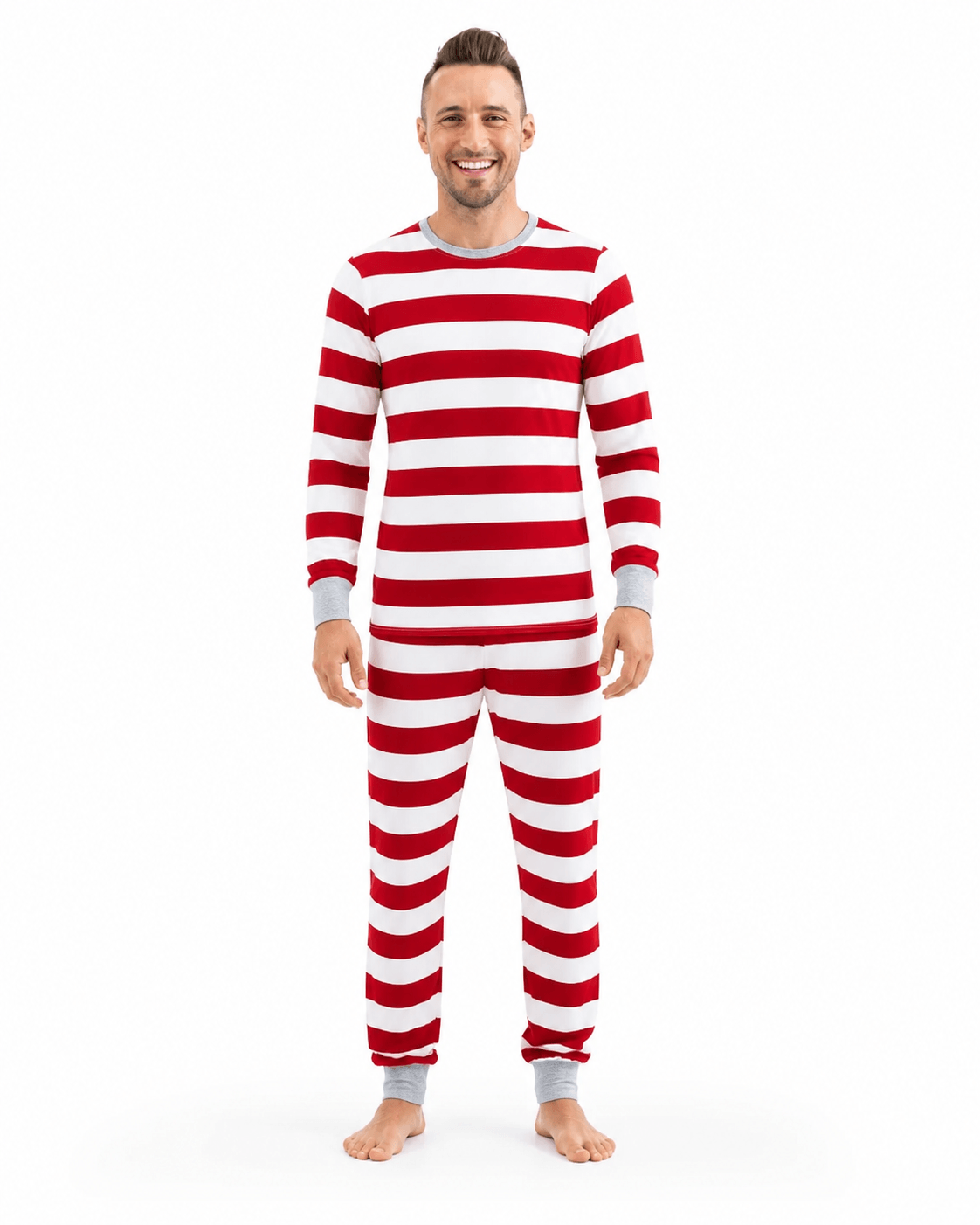 Family wearing matching red and white striped Christmas pajamas with gray cuffs - view 10