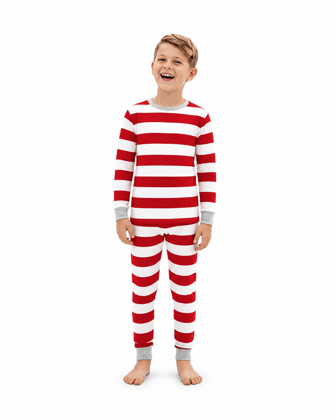 Family wearing matching red and white striped Christmas pajamas with gray cuffs - view 11