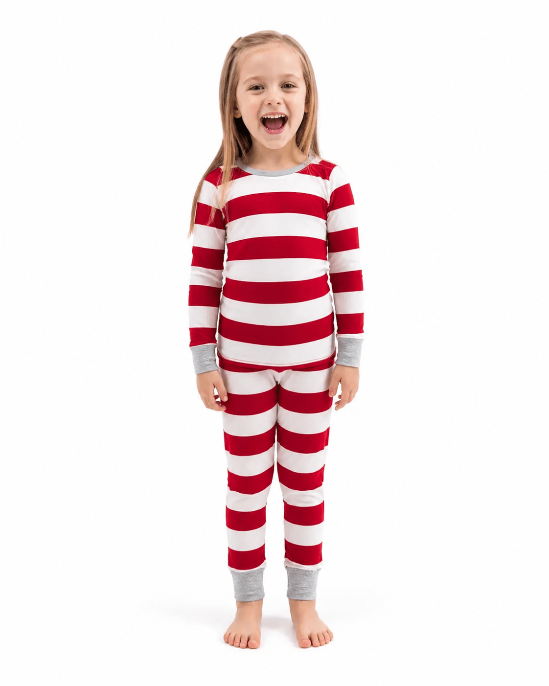 Family wearing matching red and white striped Christmas pajamas with gray cuffs - view 12