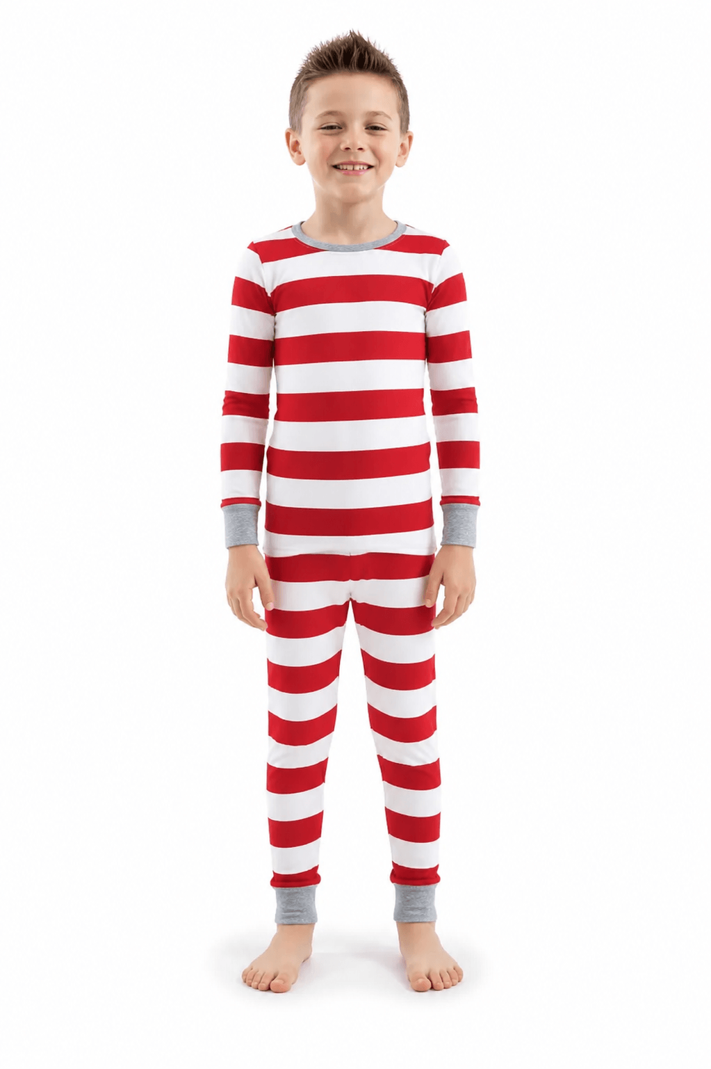 Family wearing matching red and white striped Christmas pajamas with gray cuffs - view 13