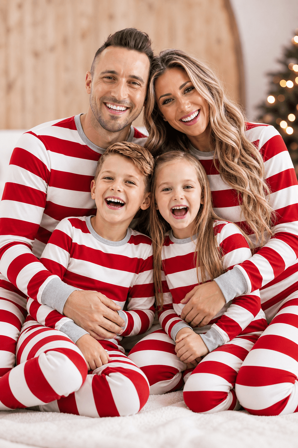 Family wearing matching red and white striped Christmas pajamas with gray cuffs - view 3