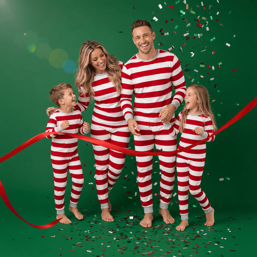 Family wearing matching red and white striped Christmas pajamas with gray cuffs - view 4