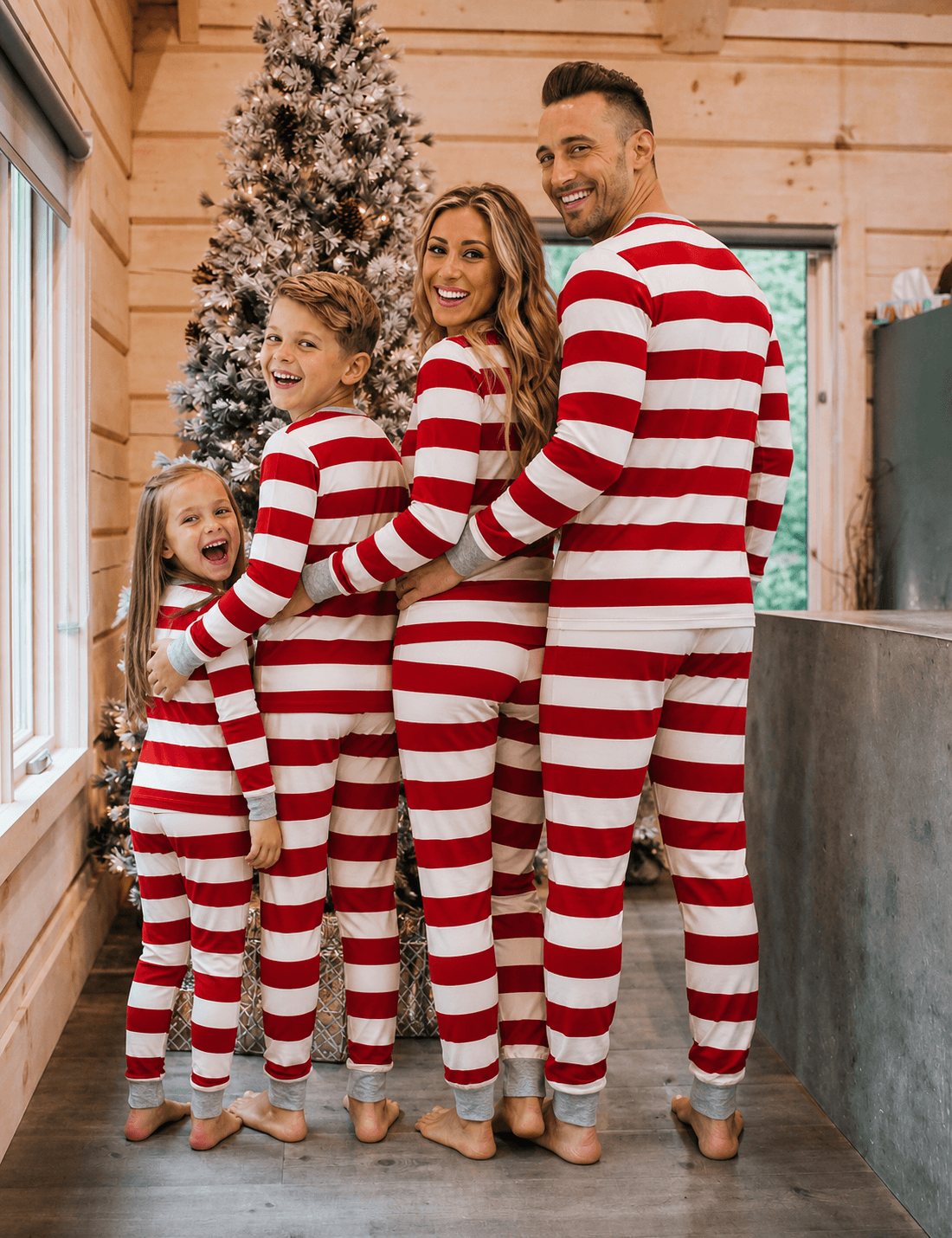 Family wearing matching red and white striped Christmas pajamas with gray cuffs - view 6