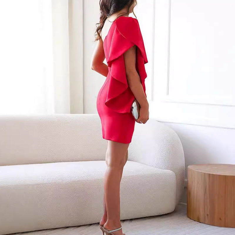 Formal mini dress with one-shoulder ruffle sleeve and crossover tulip hem - view 3