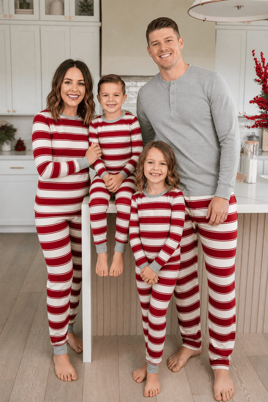 Family wearing matching red and cream striped Christmas pajamas with gray cuffs - view 2