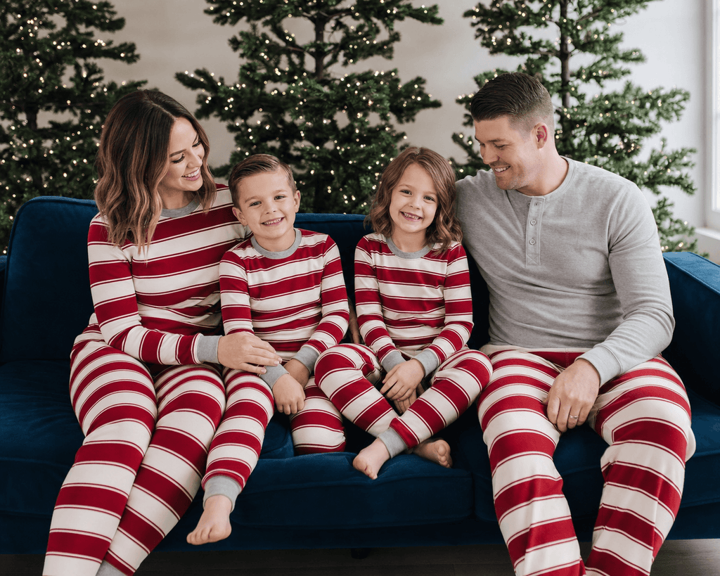 Family wearing matching red and cream striped Christmas pajamas with gray cuffs - view 4