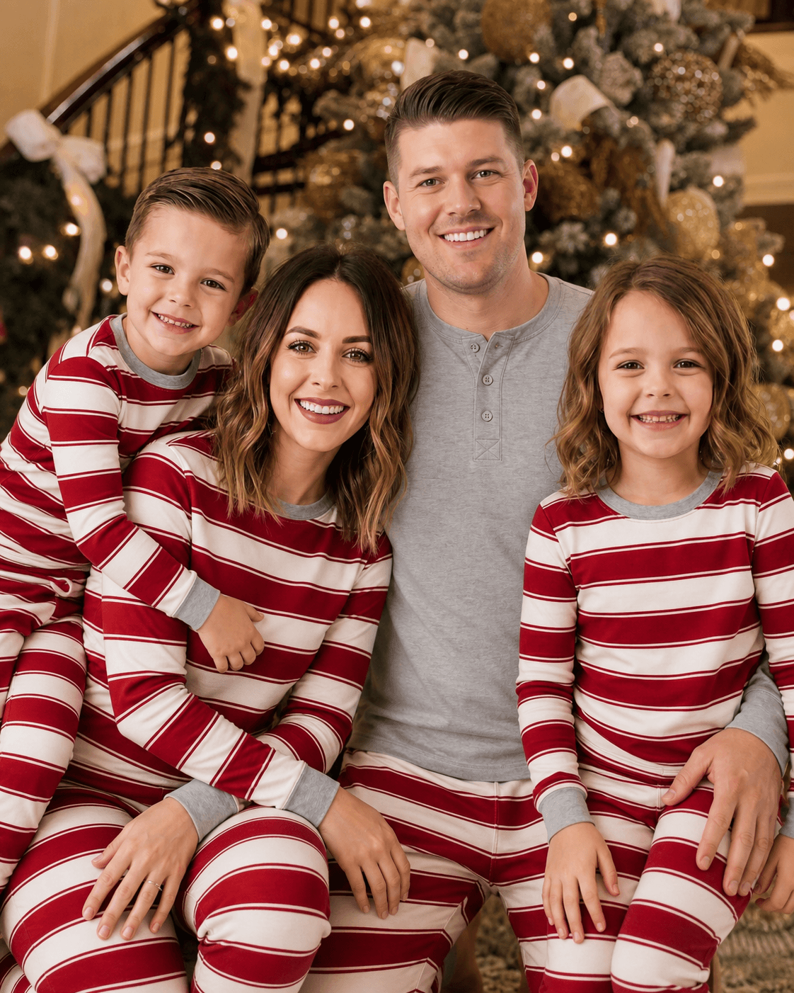 Family wearing matching red and cream striped Christmas pajamas with gray cuffs - view 5