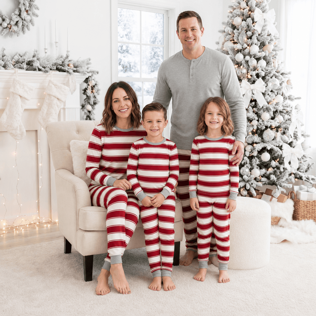 Family wearing matching red and cream striped Christmas pajamas with gray cuffs - view 6