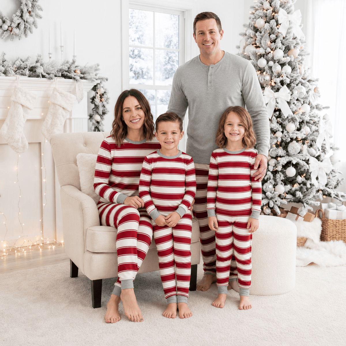 Family wearing matching red and cream striped Christmas pajamas with gray cuffs - view 6