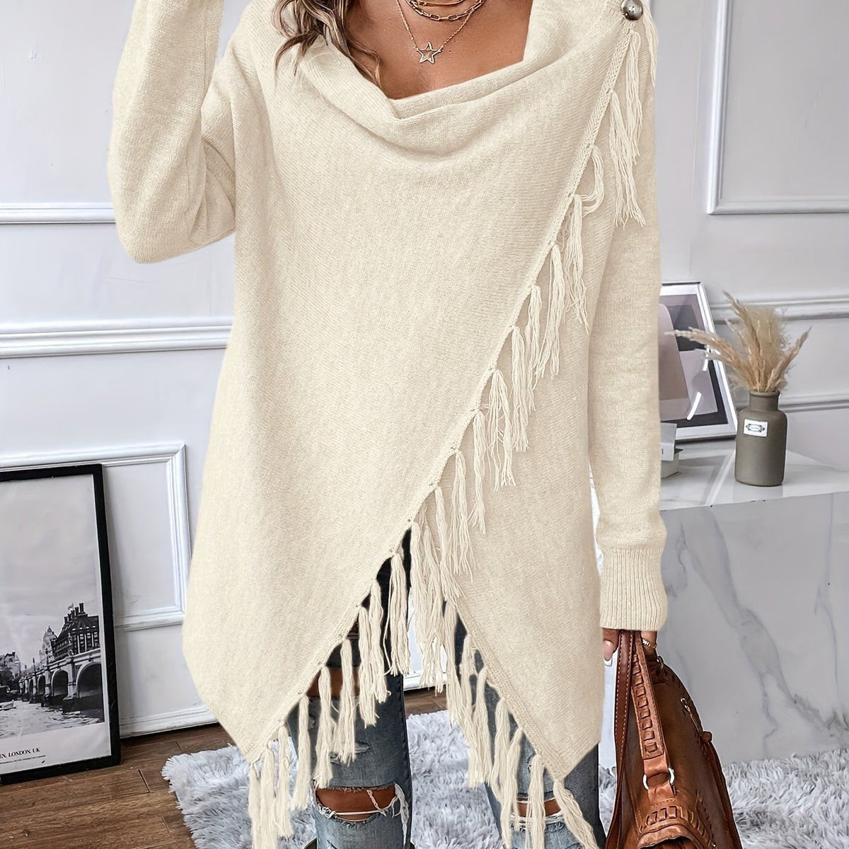 Seraphine | Fringed Draped Neck Shawl - view 14