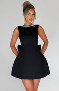Sleeveless A-line cocktail mini dress with pearl-effect trim and oversized back bow - view 5